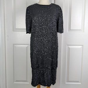 Laurence Kazar VIntage Silk Beaded Sequin Short Sleeve Party Dress Black Large